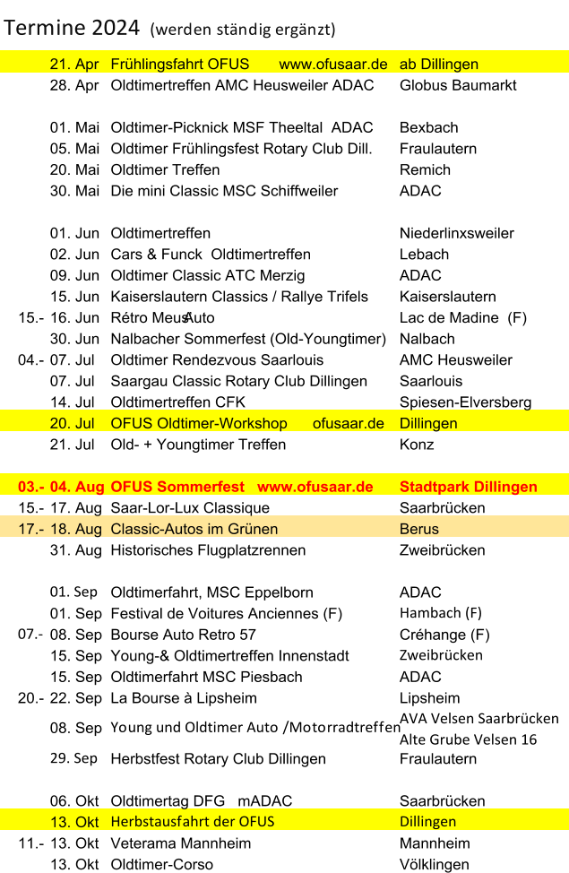 21. Apr Frhlingsfahrt OFUS       www.ofusaar.de ab Dillingen 28. Apr Oldtimertreffen AMC Heusweiler ADAC Globus Baumarkt 01. Mai Oldtimer-Picknick MSF Theeltal  ADAC Bexbach 05. Mai Oldtimer Frhlingsfest Rotary Club Dill. Fraulautern 20. Mai Oldtimer Treffen Remich 30. Mai Die mini Classic MSC Schiffweiler ADAC 01. Jun Oldtimertreffen Niederlinxsweiler 02. Jun Cars & Funck  Oldtimertreffen Lebach 09. Jun Oldtimer Classic ATC Merzig  ADAC 15. Jun Kaiserslautern Classics / Rallye Trifels Kaiserslautern 15.- 16. Jun Rtro MeusAuto  Lac de Madine  (F) 30. Jun Nalbacher Sommerfest (Old-Youngtimer) Nalbach 04.- 07. Jul Oldtimer Rendezvous Saarlouis  AMC Heusweiler  07. Jul Saargau Classic Rotary Club Dillingen Saarlouis   14. Jul Oldtimertreffen CFK Spiesen-Elversberg 20. Jul OFUS Oldtimer-Workshop      ofusaar.de  Dillingen  21. Jul Old- + Youngtimer Treffen Konz 03.- 04. Aug OFUS Sommerfest   www.ofusaar.de Stadtpark Dillingen 15.- 17. Aug Saar-Lor-Lux Classique Saarbrcken 17.- 18. Aug Classic-Autos im Grnen  Berus 31. Aug Historisches Flugplatzrennen Zweibrcken 01. Sep Oldtimerfahrt, MSC Eppelborn    ADAC 01. Sep Festival de Voitures Anciennes (F) Hambach (F) 07.- 08. Sep Bourse Auto Retro 57 Crhange (F) 15. Sep Young-& Oldtimertreffen Innenstadt Zweibrcken 15. Sep Oldtimerfahrt MSC Piesbach ADAC 20.- 22. Sep La Bourse  Lipsheim Lipsheim 08. Sep Young und Oldtimer Auto /Motorradtreffen AVA Velsen Saarbrcken  Alte Grube Velsen 16 29. Sep Herbstfest Rotary Club Dillingen Fraulautern 06. Okt Oldtimertag DFG   mADAC Saarbrcken 13. Okt Herbstausfahrt der OFUS Dillingen  11.- 13. Okt Veterama Mannheim Mannheim 13. Okt Oldtimer-Corso Vlklingen Termine 2024   (werden stndig ergnzt)